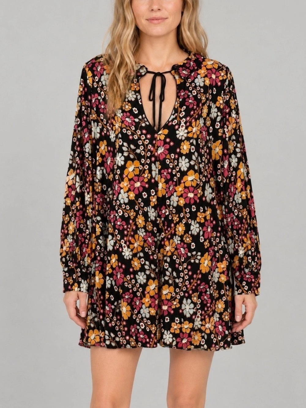 Free People Daisy Jane Black Floral Swing Dress, size M